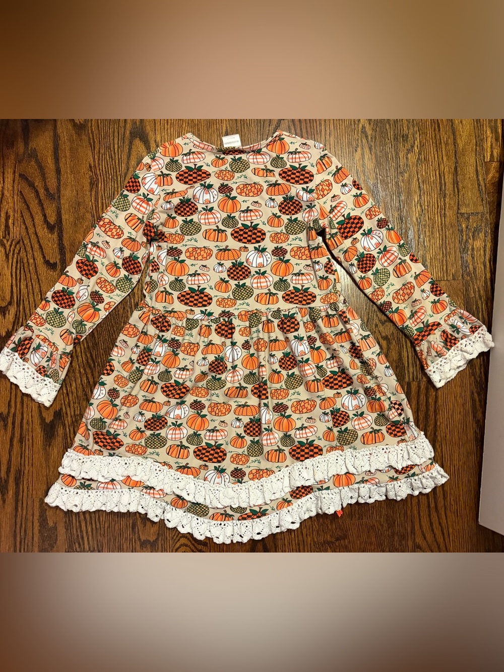 Girls' Pumpkin Print Long-Sleeve Dress - Biege & Orange - Picture 2 of 6